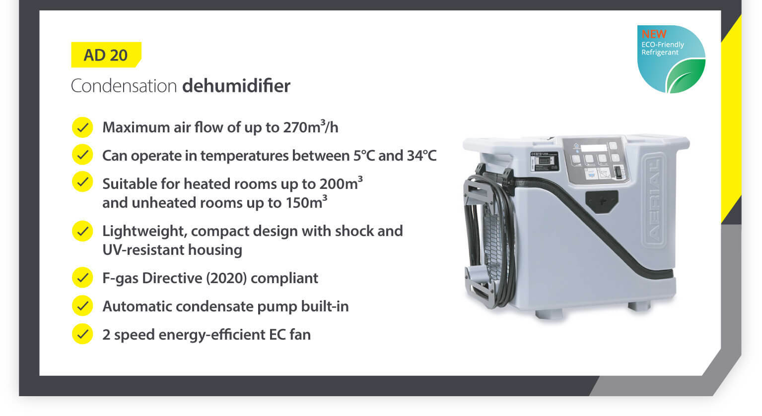 Product showcase for portable condensation dehumidifier AD20 with feature list - Infographic image