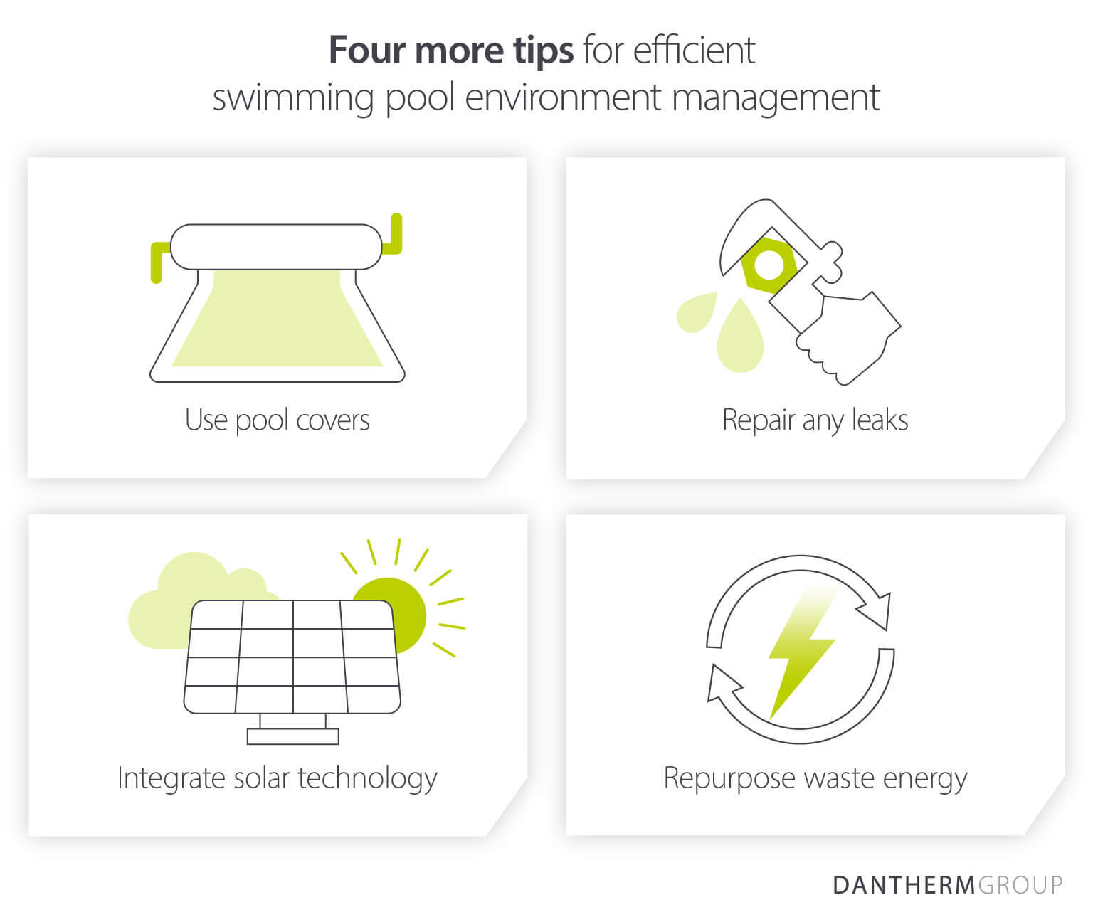 Dantherm Group asset presenting four other techniques swimming pool facilities can use to reduce energy consumption, including pool covers, repairing leaks and repurposing energy
