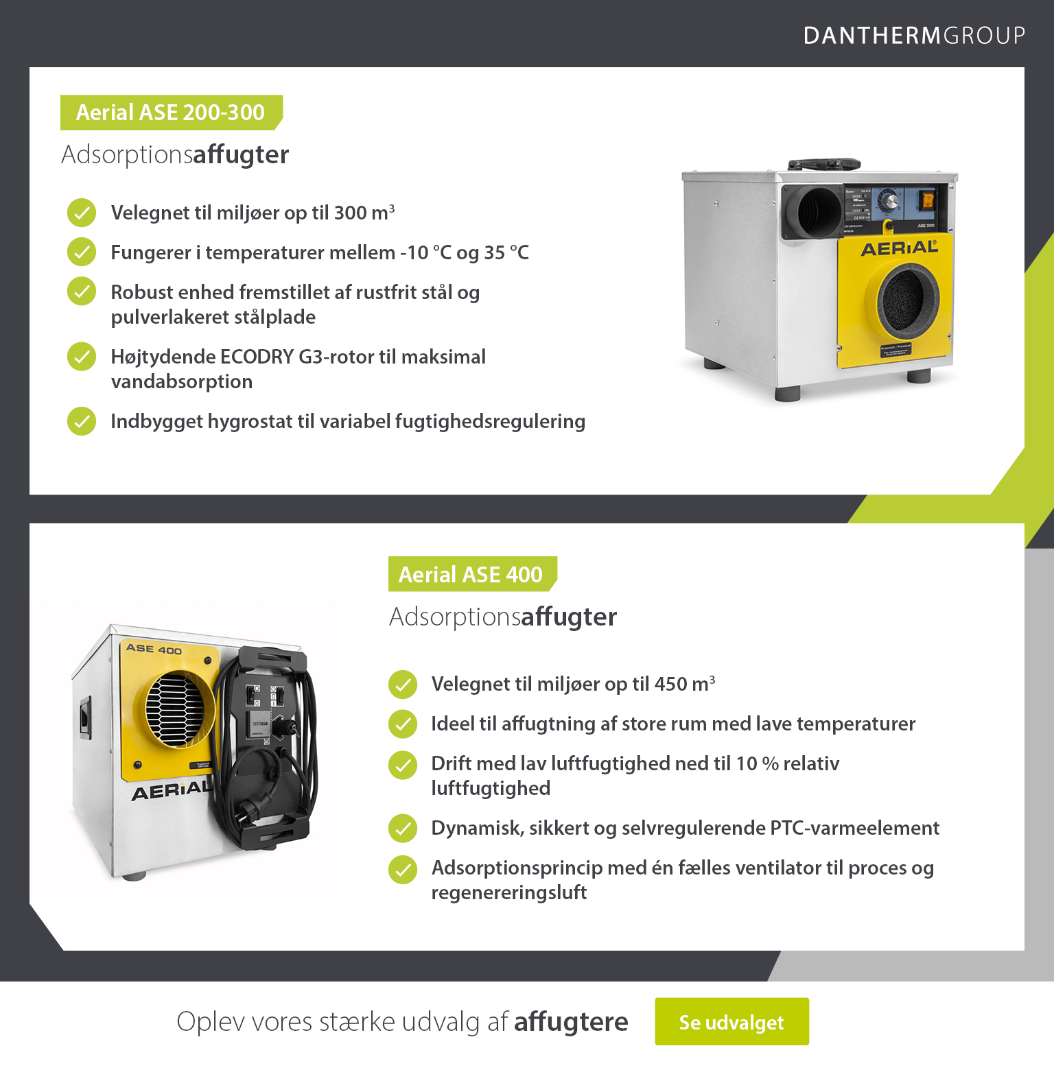 Produktoversigt og specifikationer for affugtere og tørrere til landbruget fra Dantherm Group