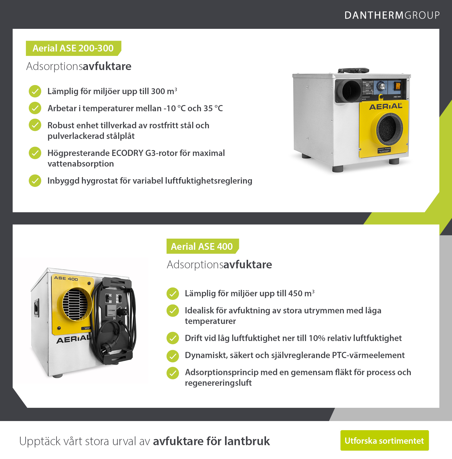 Produktpresentation och specifikationer för avfuktare och torkar för jordbruket från Dantherm Group