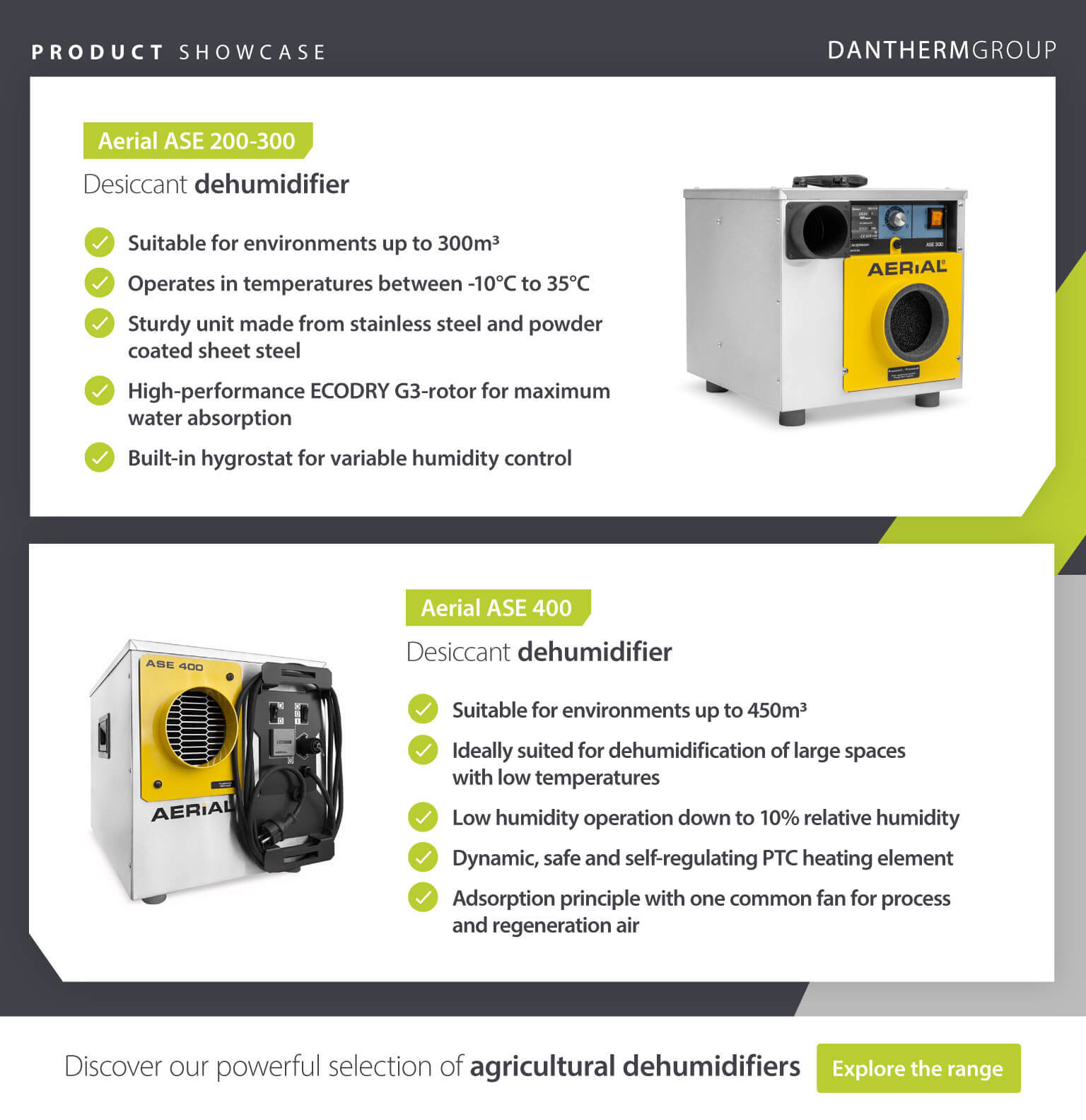 Product showcase and specifications for agriculture desiccant dehumidifiers and dryers by Dantherm Group